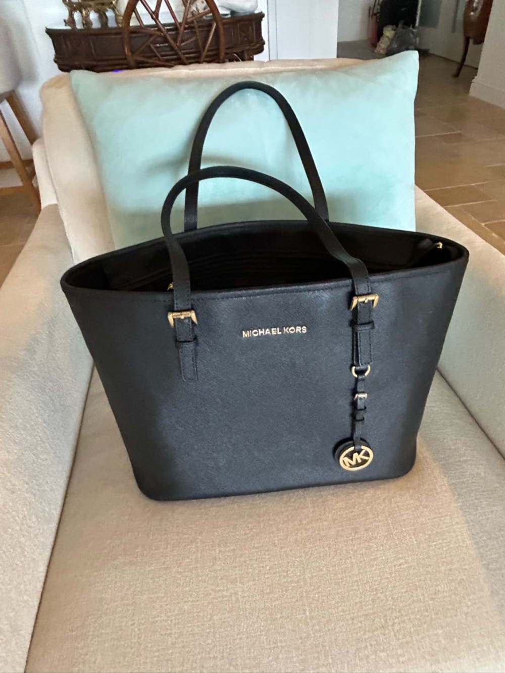 Michael Kors Black Leather Tote with Gold MK Charm